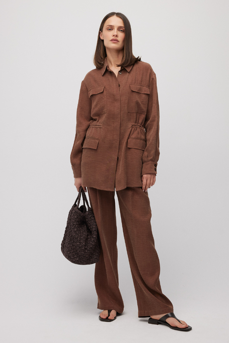 Pantaloni largi din amestec de in și lyocell maro