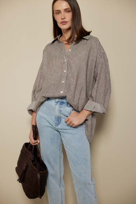 Cămașă din in și lyocell maro