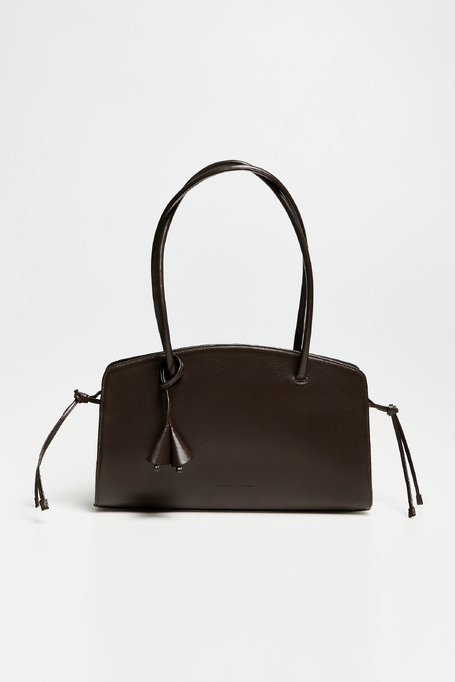 Geantă din piele maro ciocolată cu ciucuri