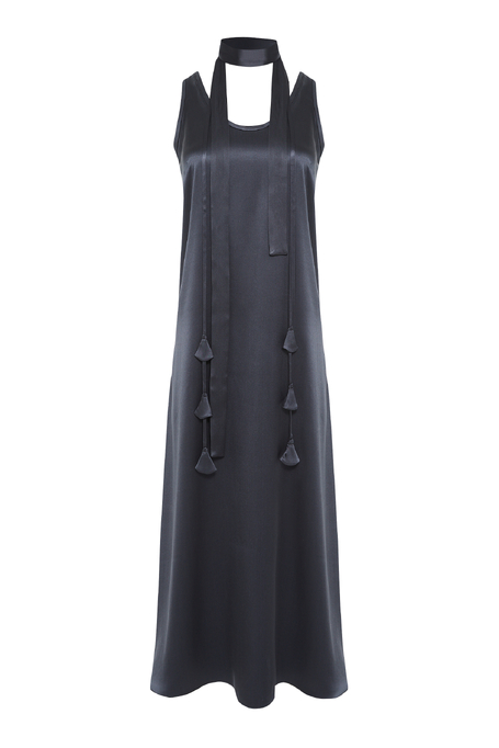 Rochie midi gri din mătase cu ciucuri