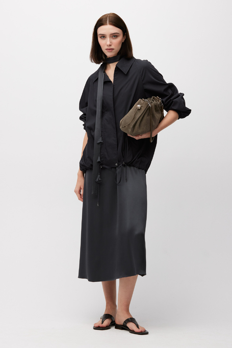 Rochie midi gri din mătase cu ciucuri