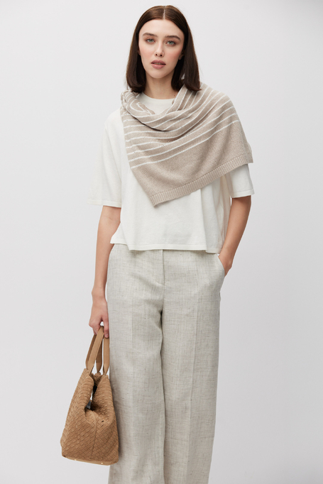 In bej-alb pulover din in cu dungi albe