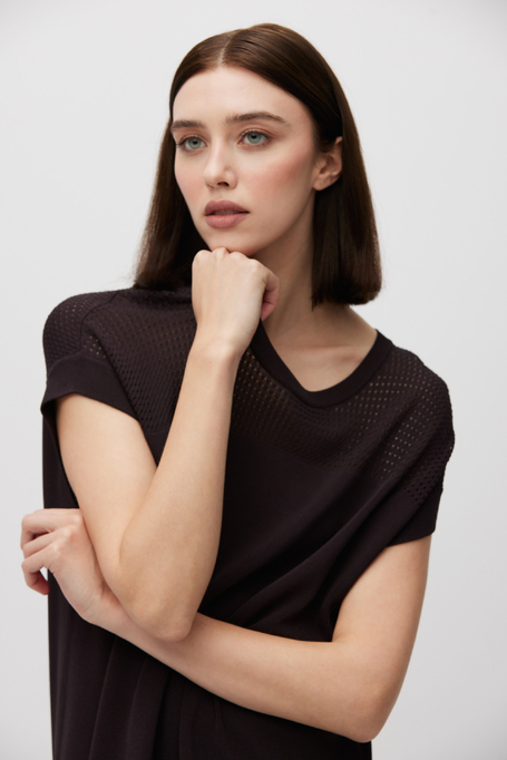 Rochie midi maro cu mânecă scurtă