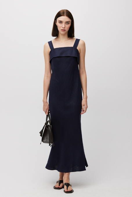 Rochie bleumarin din in cu șlițuri laterale