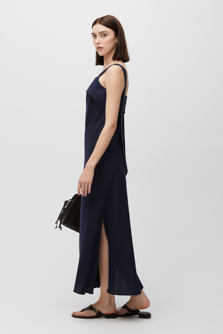 Rochie bleumarin din in cu șlițuri laterale