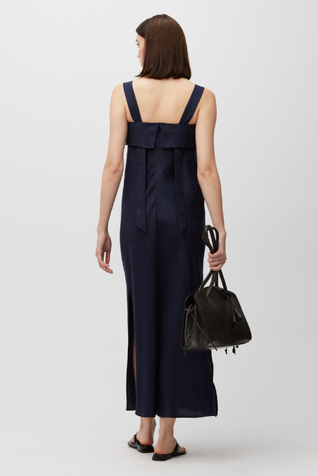 Rochie bleumarin din in cu șlițuri laterale