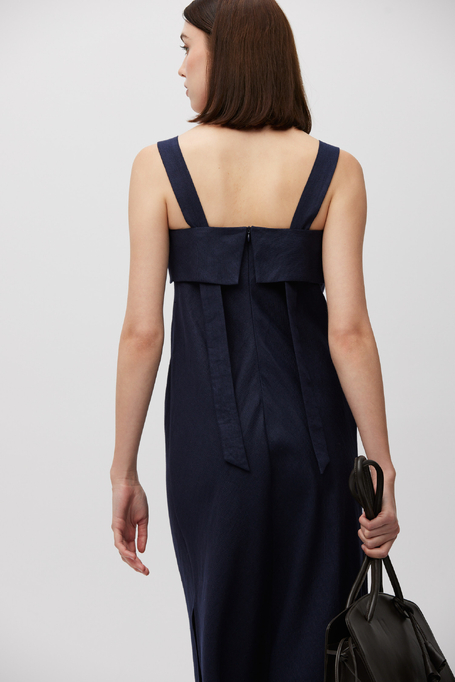 Rochie bleumarin din in cu șlițuri laterale