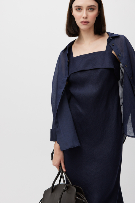 Rochie bleumarin din in cu șlițuri laterale