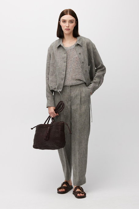 Pantaloni gri din in cu picior larg