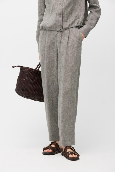 Pantaloni gri din in cu picior larg