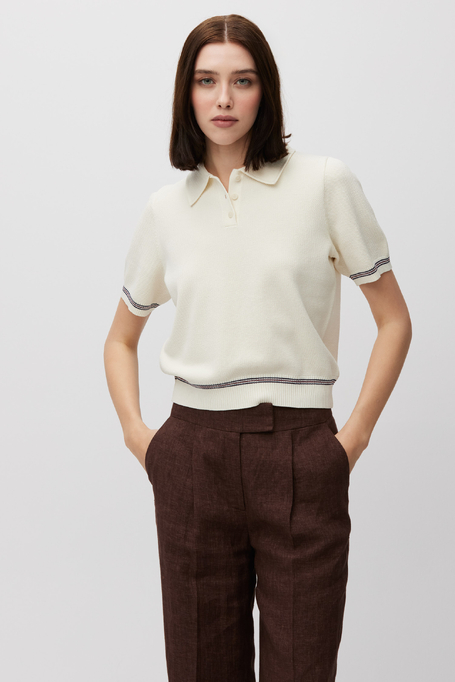 Bluză crem din bumbac cu guler polo