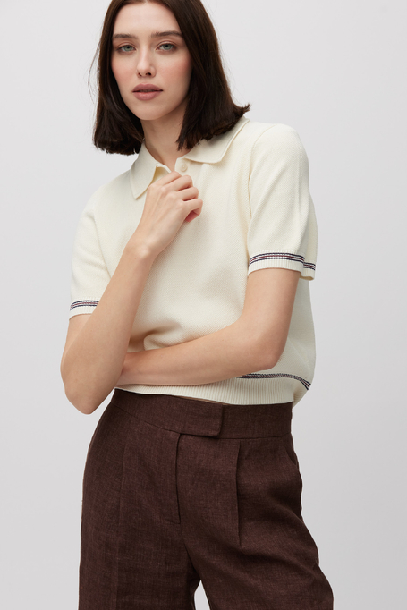 Bluză crem din bumbac cu guler polo