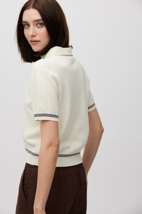 Bluză crem din bumbac cu guler polo