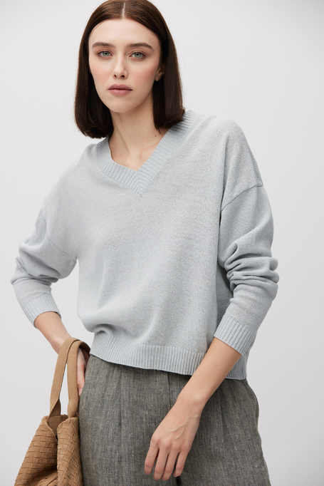 Pulover albastru deschis din bumbac și in cu decolteu în V