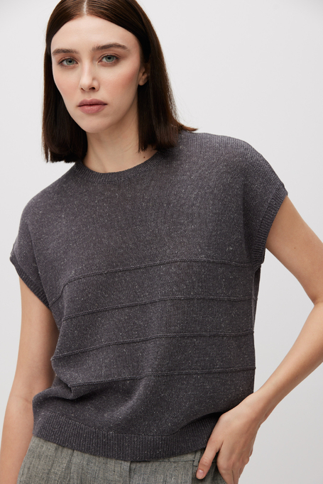 Pulover gri cu mânecă scurtă din in și lyocell