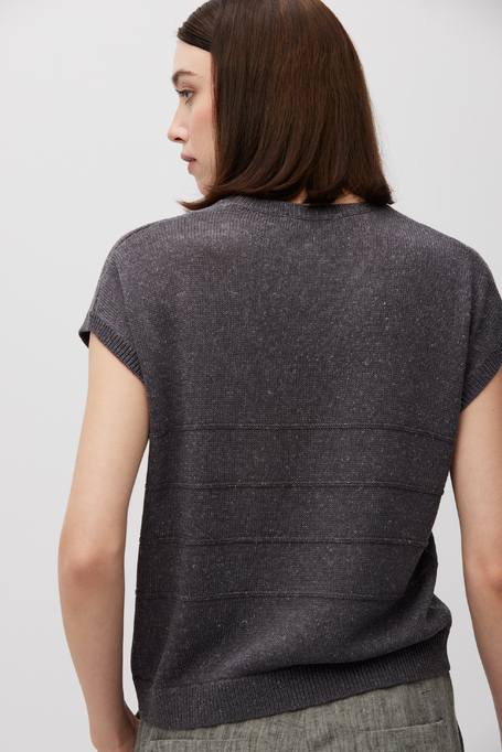 Pulover gri cu mânecă scurtă din in și lyocell