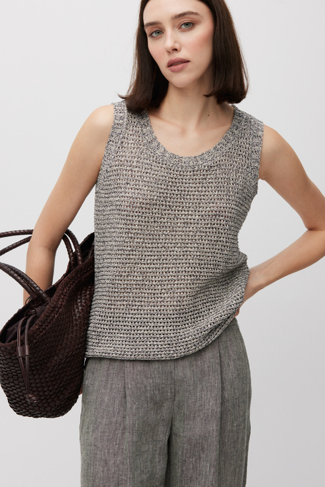 Top gri cu structură lejeră din in și bumbac