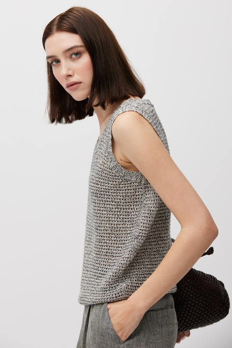Top gri cu structură lejeră din in și bumbac