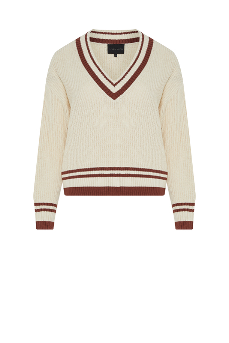 Pulover bej cu decolteu în V din bumbac și in