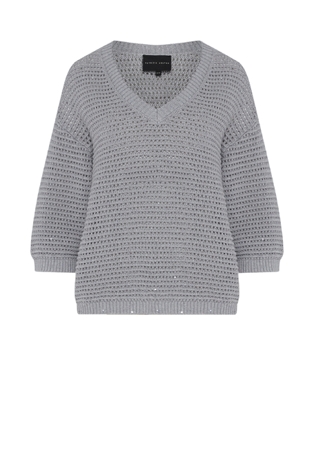 Pulover gri cu decolteu în V din bumbac și in - Patrizia Aryton