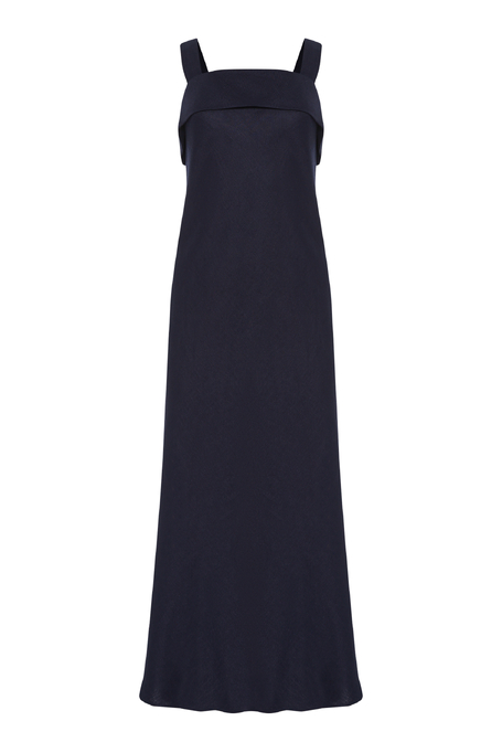 Rochie bleumarin din in cu șlițuri laterale