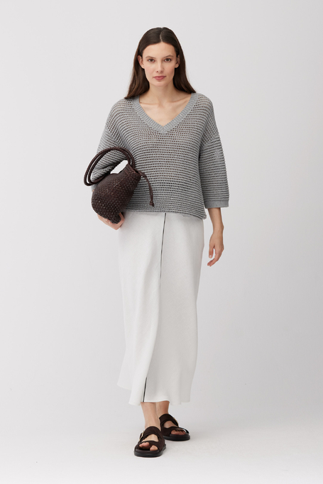 Pulover gri cu decolteu în V din bumbac și in - Patrizia Aryton