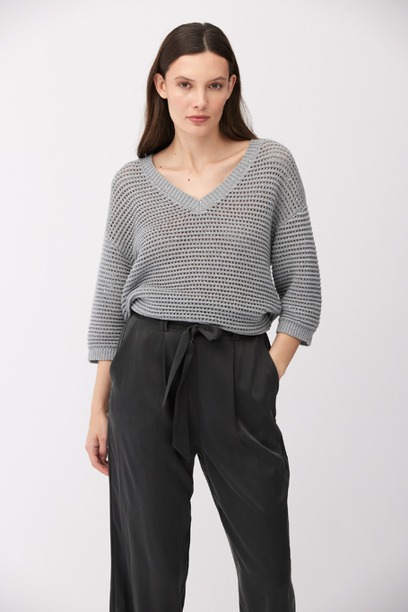 Pulover gri cu decolteu în V din bumbac și in - Patrizia Aryton
