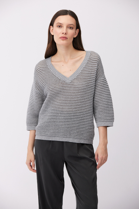 Pulover gri cu decolteu în V din bumbac și in - Patrizia Aryton