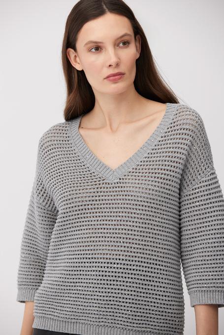 Pulover gri cu decolteu în V din bumbac și in - Patrizia Aryton
