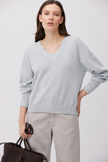 Pulover albastru deschis din bumbac și in cu decolteu în V - Patrizia Aryton