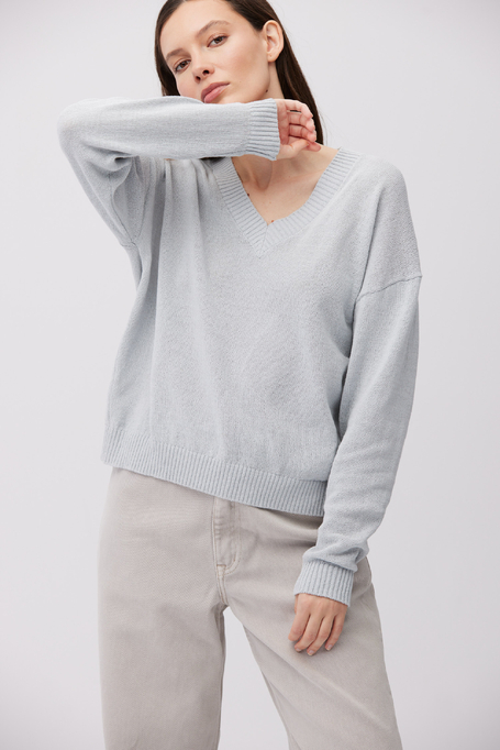 Pulover albastru deschis din bumbac și in cu decolteu în V - Patrizia Aryton