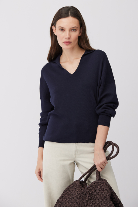 Bluză cu guler polo din bumbac și mătase