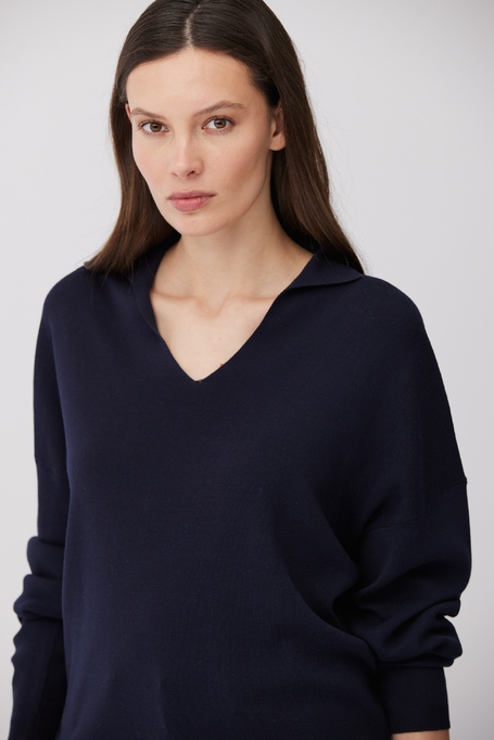 Bluză cu guler polo din bumbac și mătase