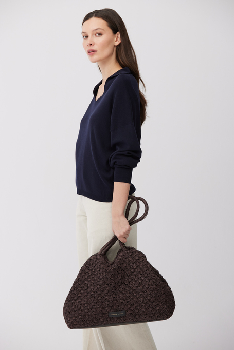 Bluză cu guler polo din bumbac și mătase