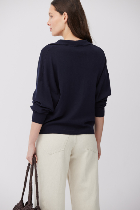 Bluză cu guler polo din bumbac și mătase